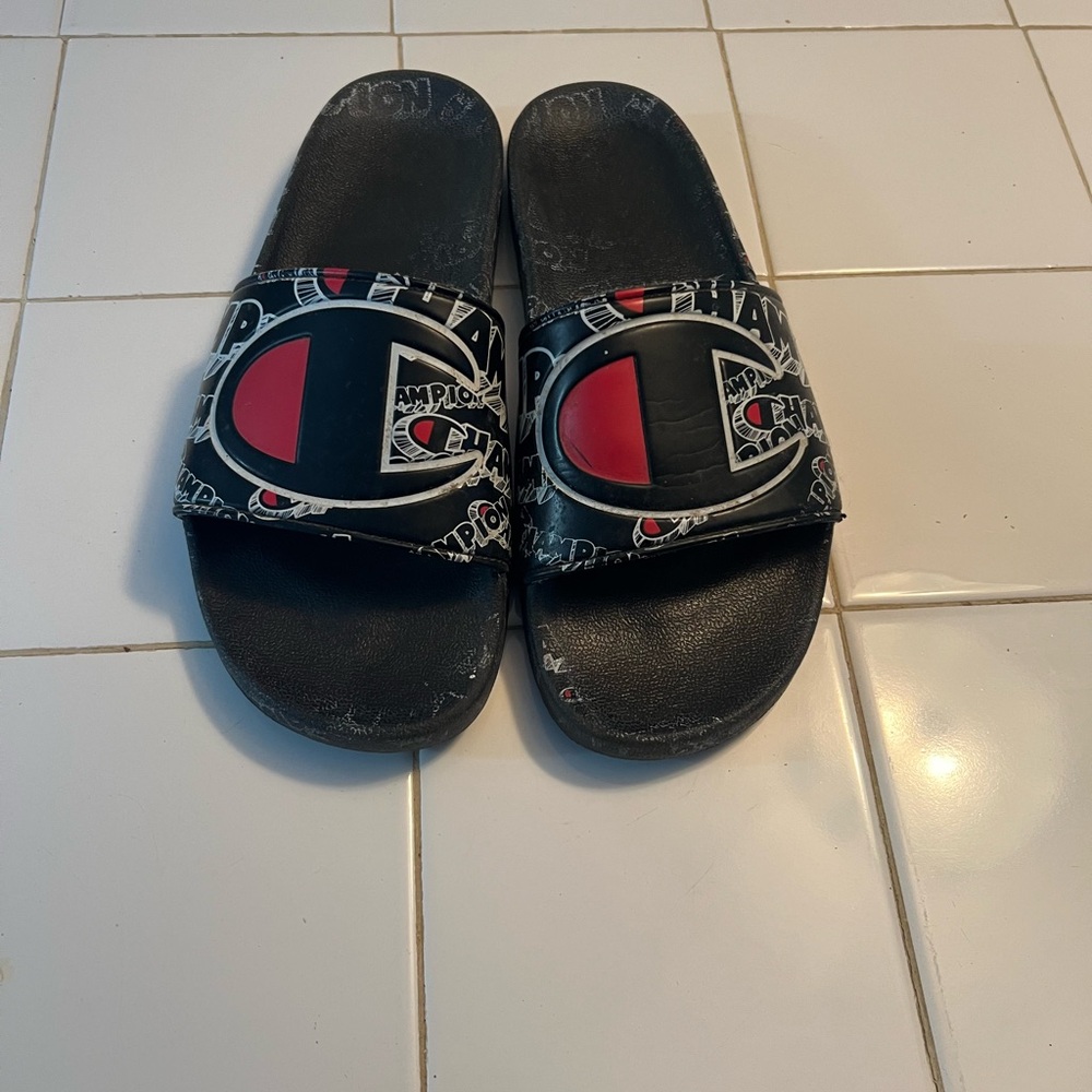 Champion Black and Red Slide Sandals with Logo